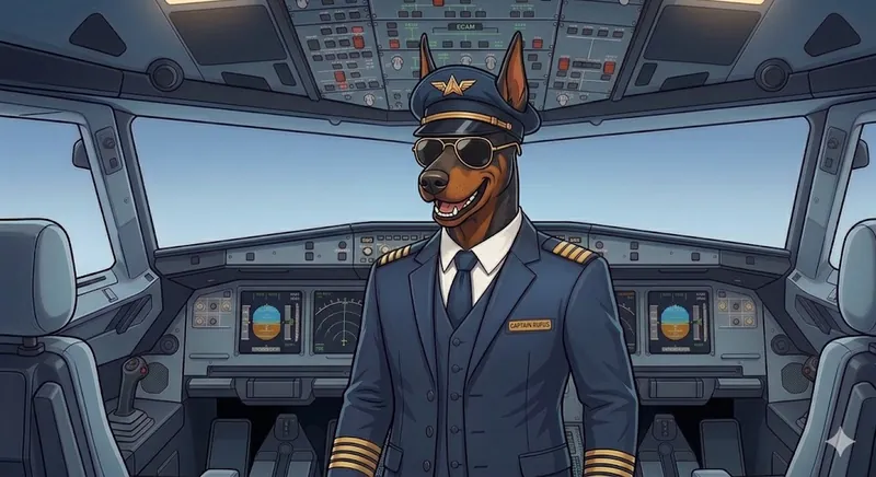 Captain Rufus — Daytona DPE mascot, doberman in airline pilot uniform with FAA examiner badge