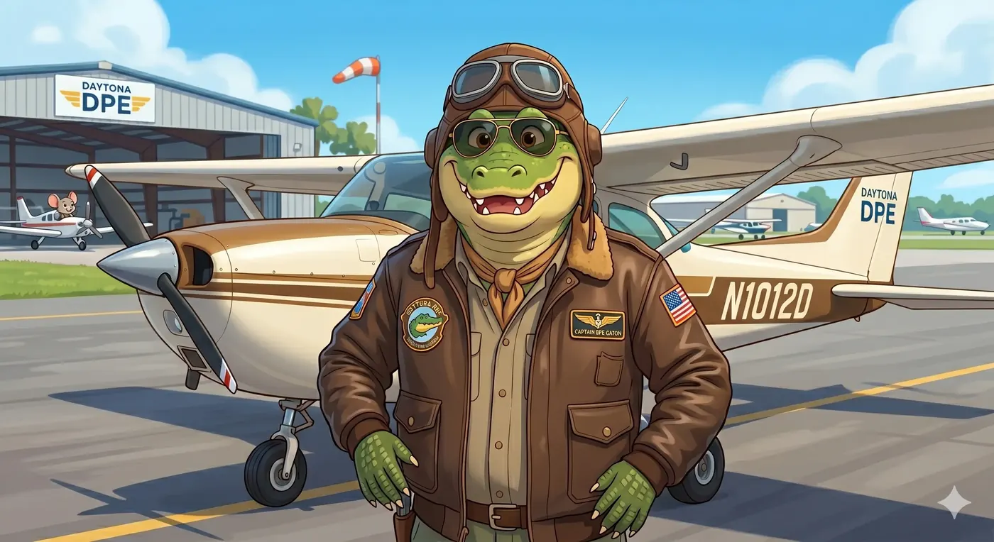 Daytona DPE alligator pilot in front of Cessna aircraft — virtual FAA Designated Pilot Examiner