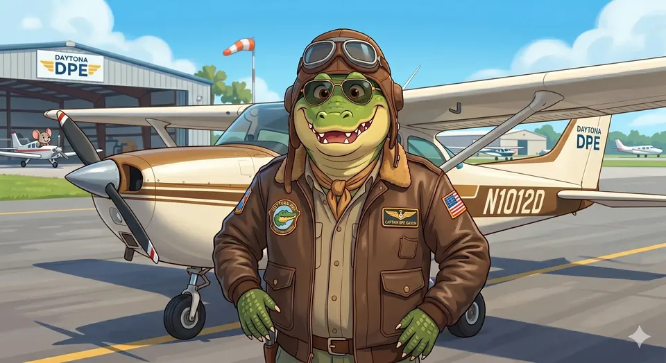 Daytona DPE mascot — an alligator in a flight jacket beside a Cessna
