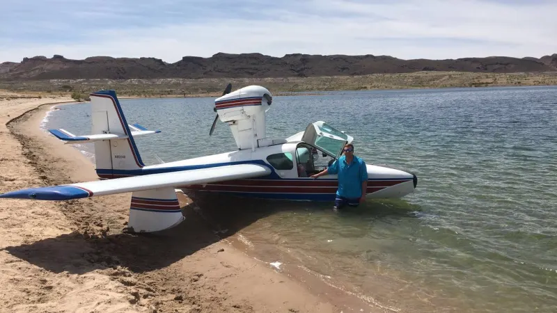 Thomas Dowell on Lake Mead with his Lake Buccaneer amphibious aircraft